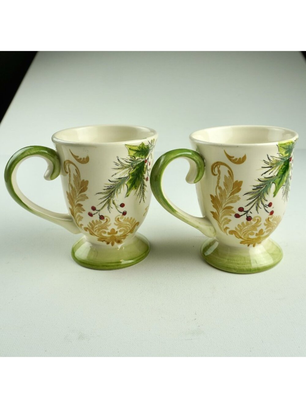 Maxcera Holiday Baroque Ceramic Mug Set Gold & Green Holly Design 12 Oz Set Of 2